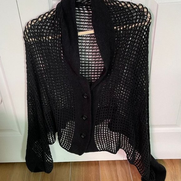 Open Weave Sweater Poncho Black - Picture 1 of 4
